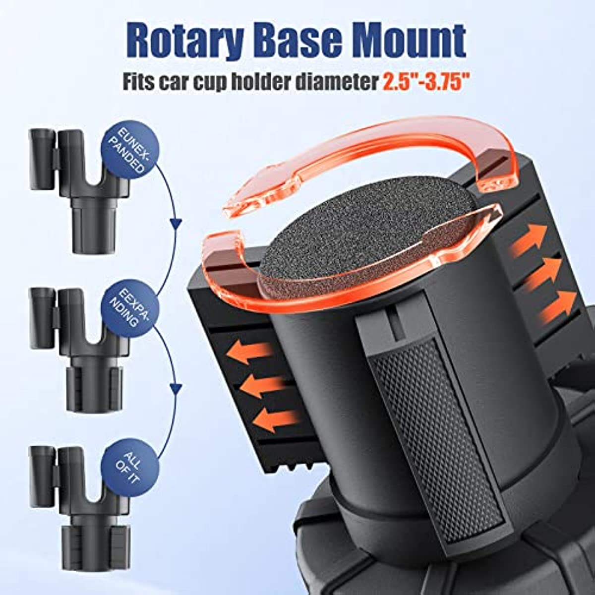 Car Cup Holder Expander with Phone Holder, Adjustable Base Compatible Fits for Bottles in 3.4"-4.4"